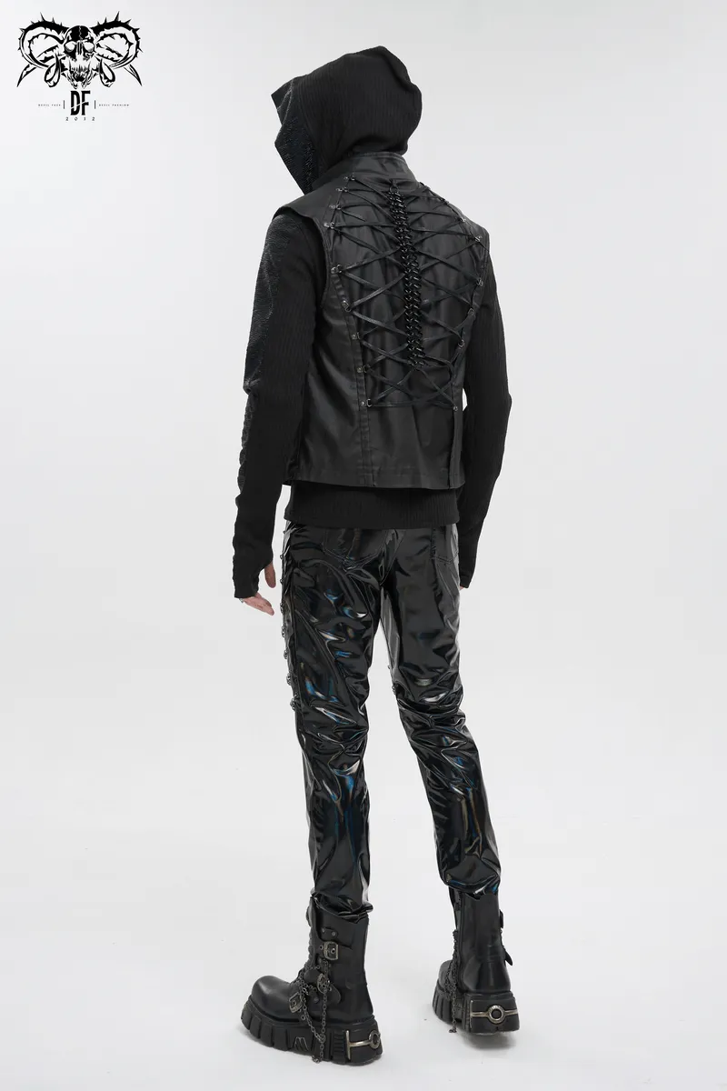 Punk Stylish Strappy Stand Collar Waistcoat / Gothic Men's Zipper Vest with Lace-up Back