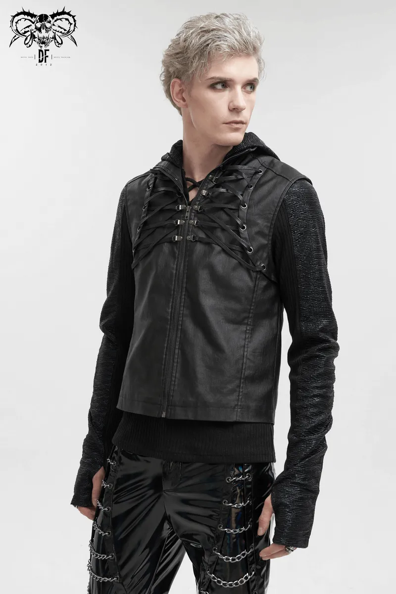 Punk Stylish Strappy Stand Collar Waistcoat / Gothic Men's Zipper Vest with Lace-up Back