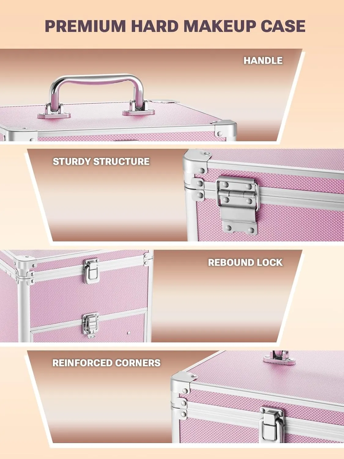 Qislee Makeup Box with Drawer and A Detachable Lighted Mirror, Waterproof Travel Train Case, Cosmetic Organizer and Makeup Suitcase with Adjustable Dividers, Magnetic LED Mirror (Icy Pink)