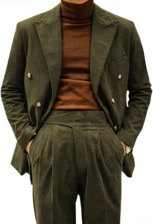 Retro Mens Suits 2 Piece Corduroy Regular Fit Casual Dress Suit Blazer Pants Set for Wedding Prom