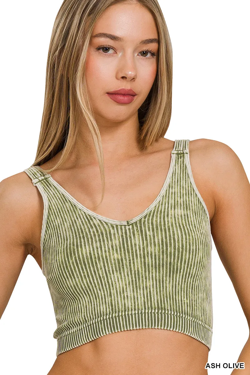 Ribbed Cropped Mineral Washed V neck Tank Top Brami bralette by Zenana - 16 colors