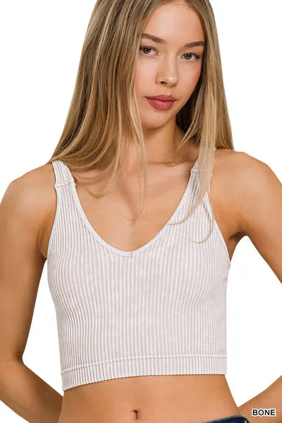 Ribbed Cropped Mineral Washed V neck Tank Top Brami bralette by Zenana - 16 colors