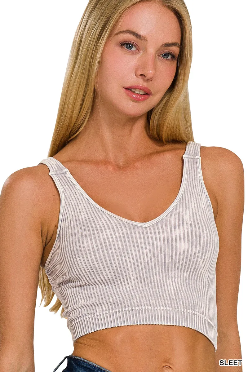 Ribbed Cropped Mineral Washed V neck Tank Top Brami bralette by Zenana - 16 colors