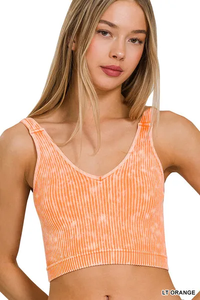 Ribbed Cropped Mineral Washed V neck Tank Top Brami bralette by Zenana - 16 colors