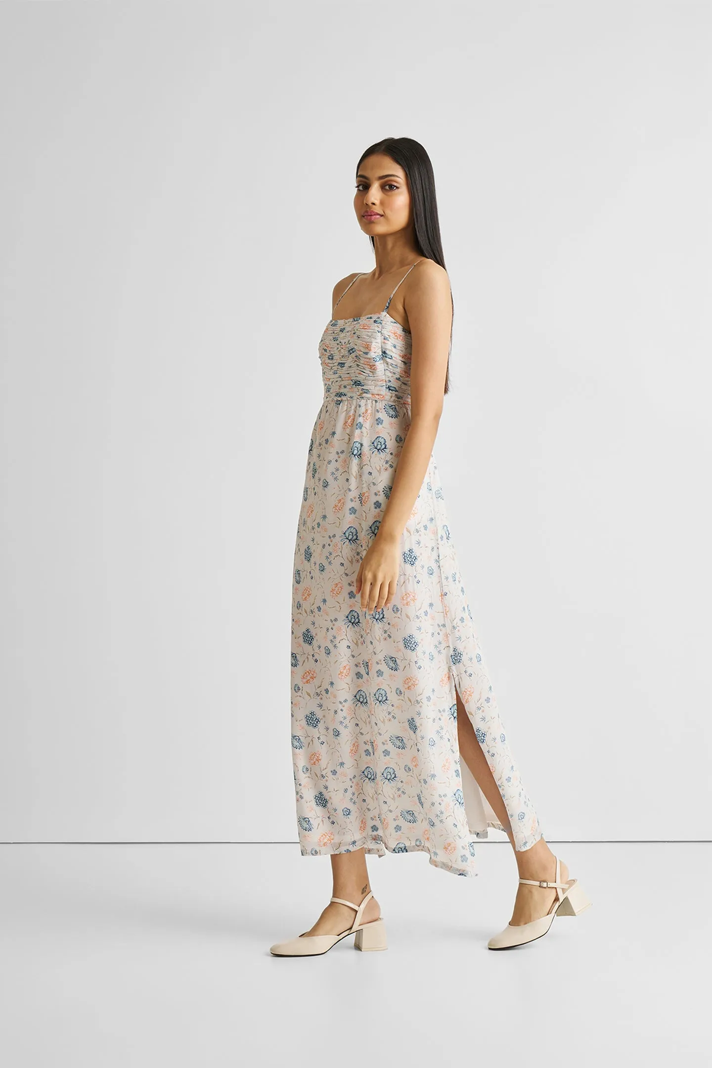 Ruched Floral Strappy Maxi Dress