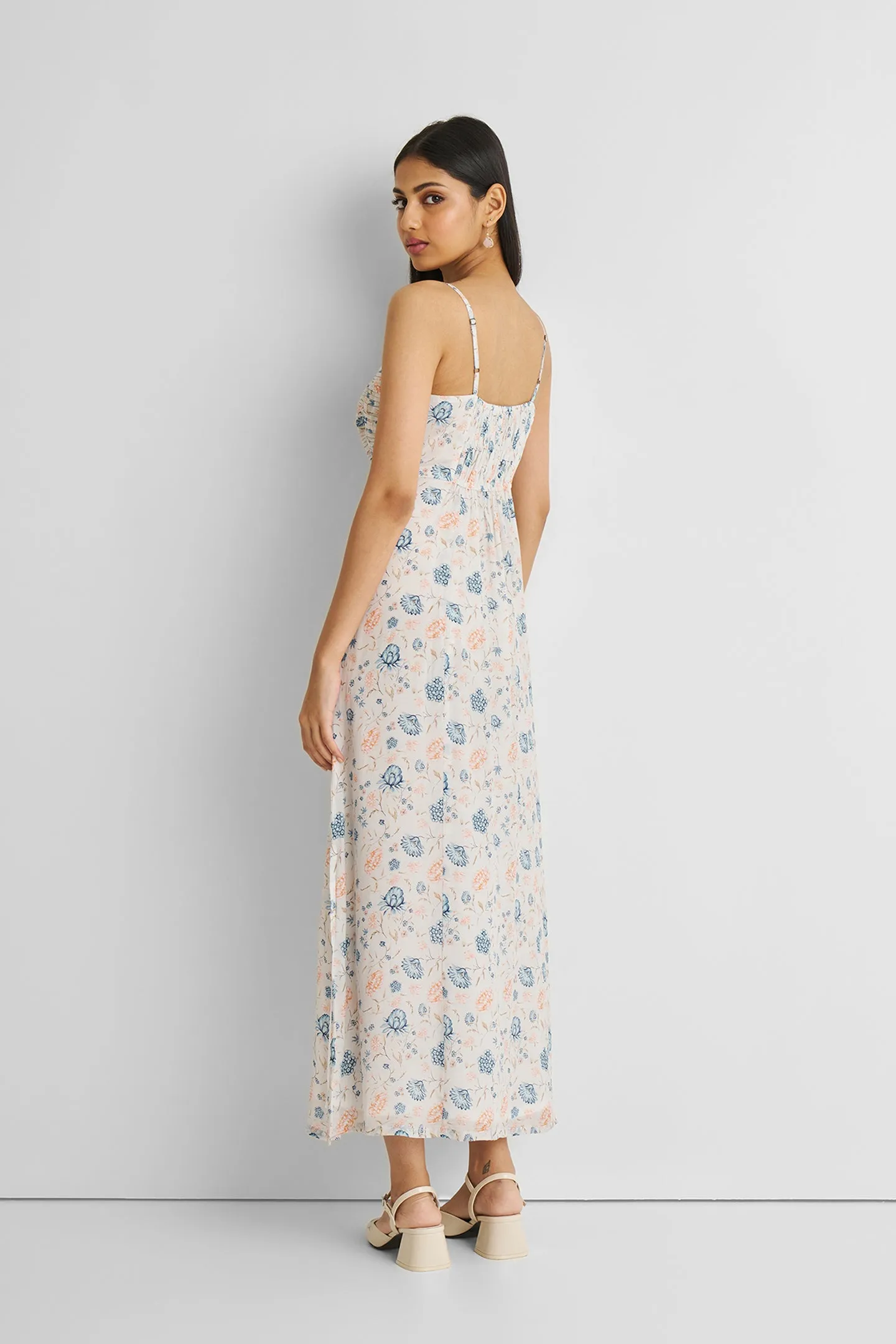 Ruched Floral Strappy Maxi Dress