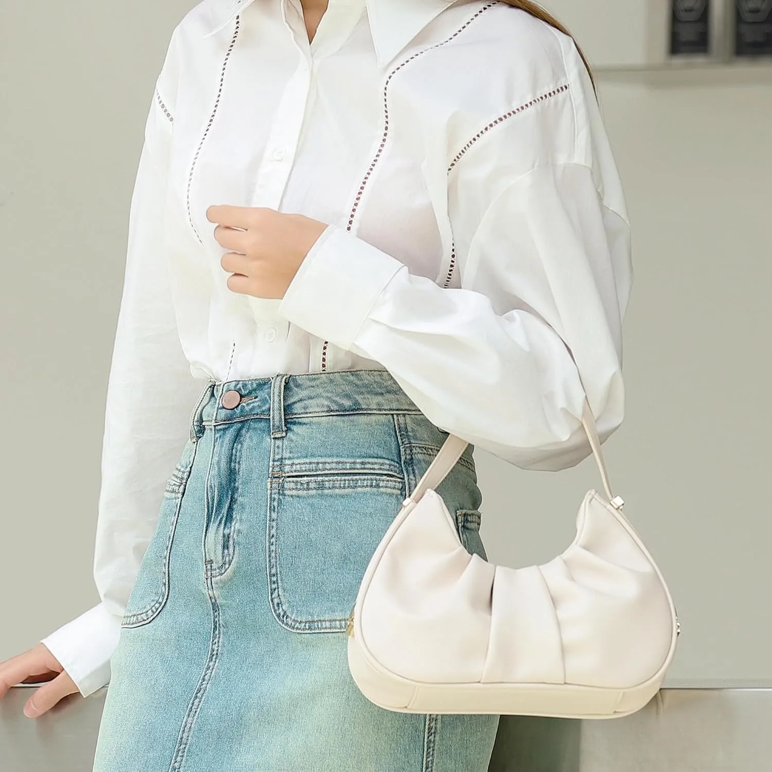 Ruched Shoulder Bag Cloud Design Hobo Crescent Clutch Purse for Women Small Mini Cute Tote Handbag