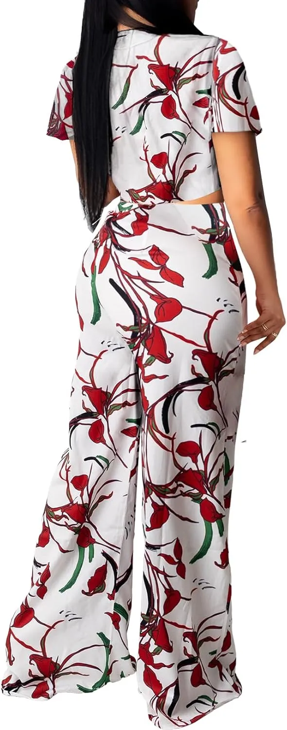 sexycherry Two Piece Outfits for Women Beach Bandage Crop Top Long Straight Pants Vacation Swimwear Cover Ups Sets