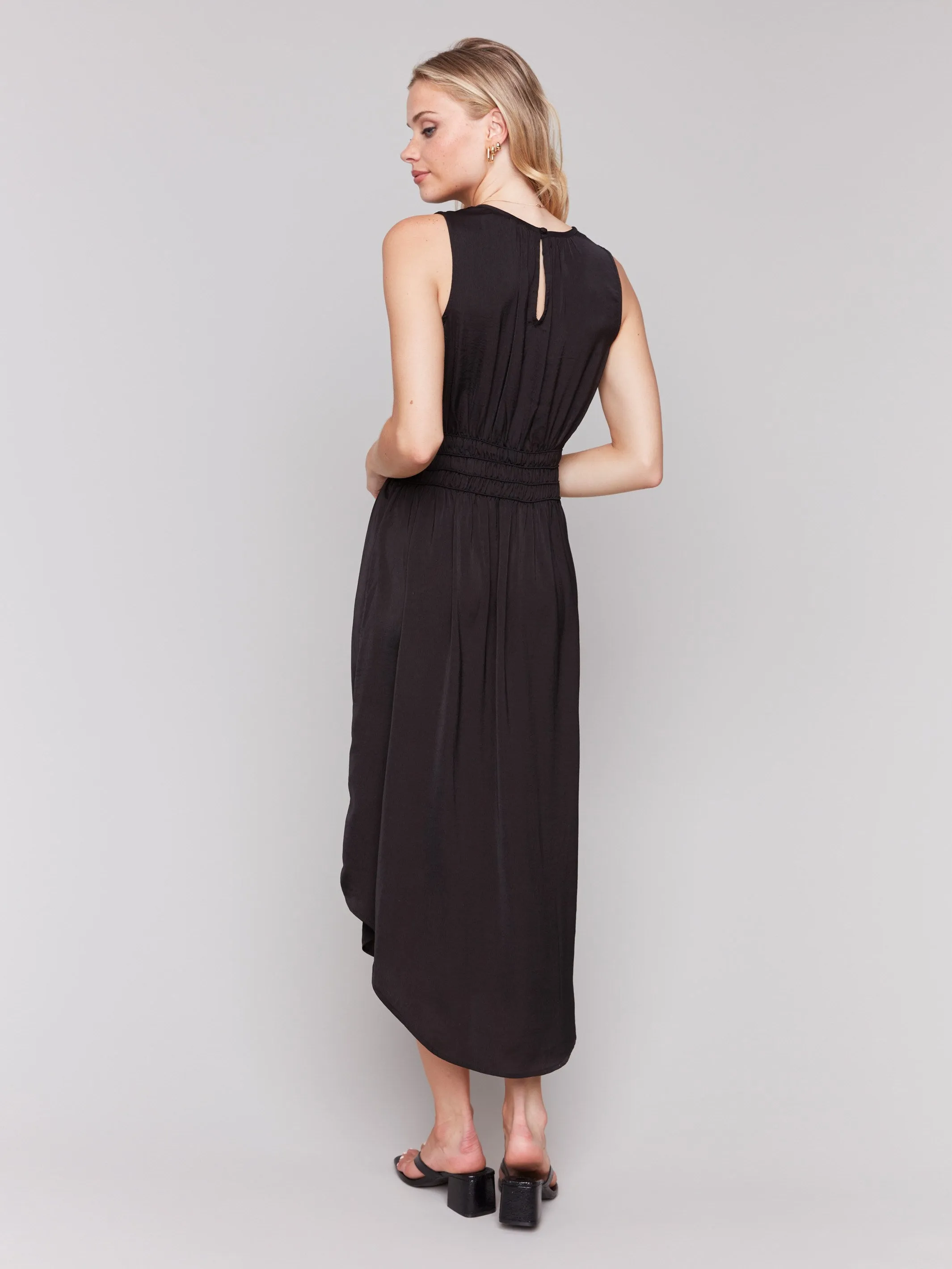 Sleeveless Flowy Satin Dress - Black