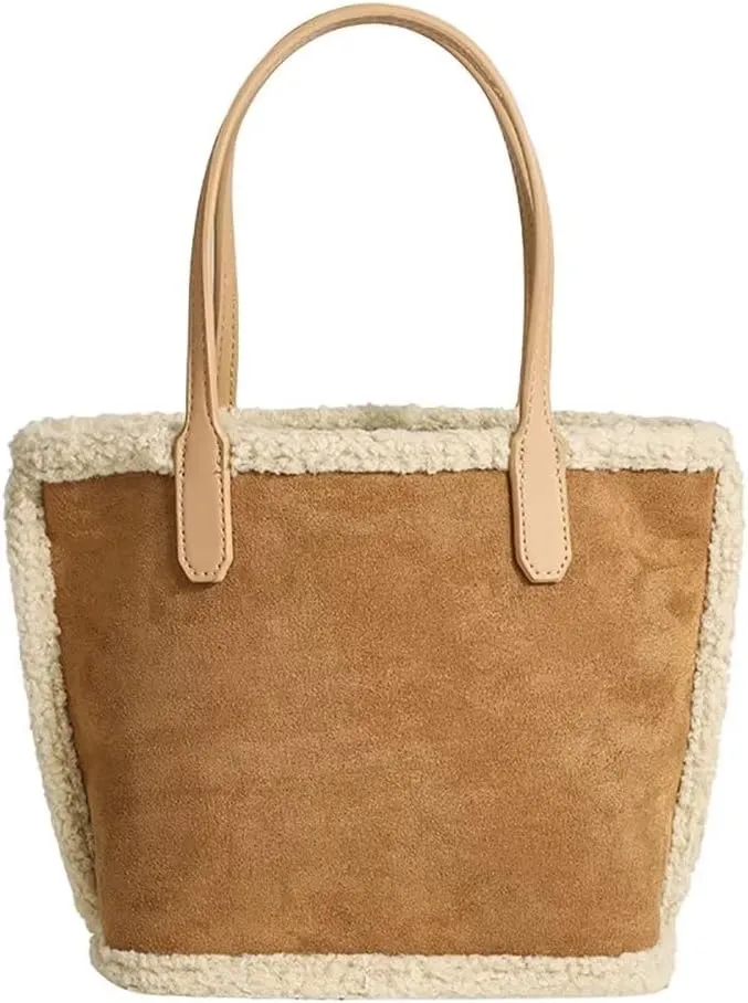 Small Tote Bag for Women Retro Suede Bucket Bag Cute Travel Shoulder Handbag with Inner Bag and Faux Shearling Trim