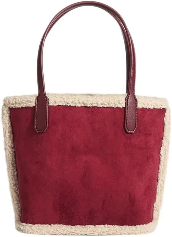 Small Tote Bag for Women Retro Suede Bucket Bag Cute Travel Shoulder Handbag with Inner Bag and Faux Shearling Trim