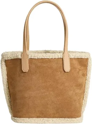 Small Tote Bag for Women Retro Suede Bucket Bag Cute Travel Shoulder Handbag with Inner Bag and Faux Shearling Trim