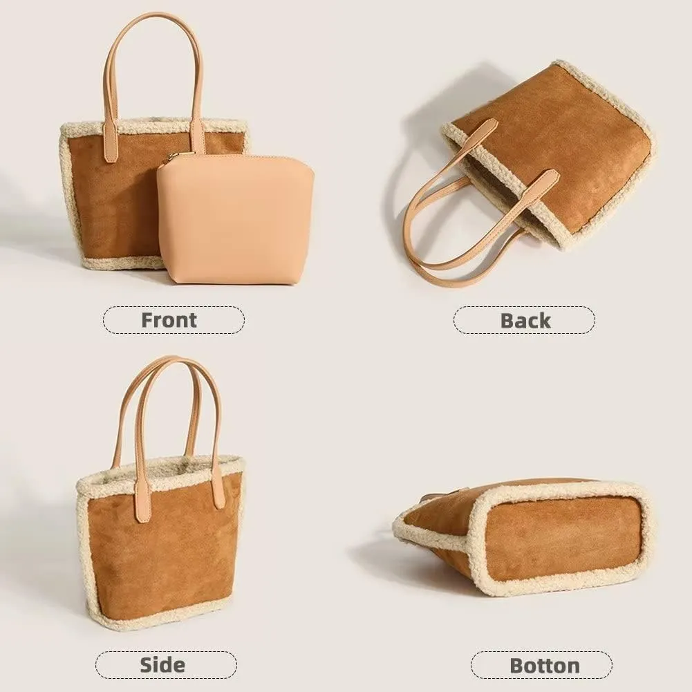 Small Tote Bag for Women Retro Suede Bucket Bag Cute Travel Shoulder Handbag with Inner Bag and Faux Shearling Trim