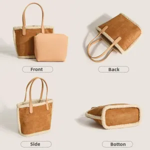 Small Tote Bag for Women Retro Suede Bucket Bags Cute Travel Shoulder Handbag with Inner, One Color, One Size