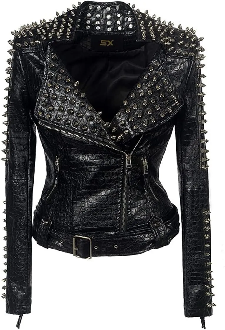 SX Women Punk Faux Leather PU Black Jacket Studded Rivet Fashion Streetwear Motorcycle Coat