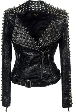 SX Women Punk Faux Leather PU Black Jacket Studded Rivet Fashion Streetwear Motorcycle Coat