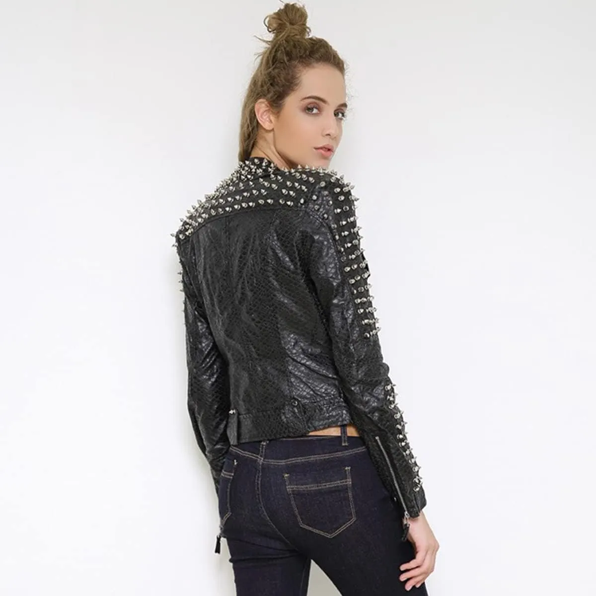 SX Women Punk Faux Leather PU Black Jacket Studded Rivet Fashion Streetwear Motorcycle Coat