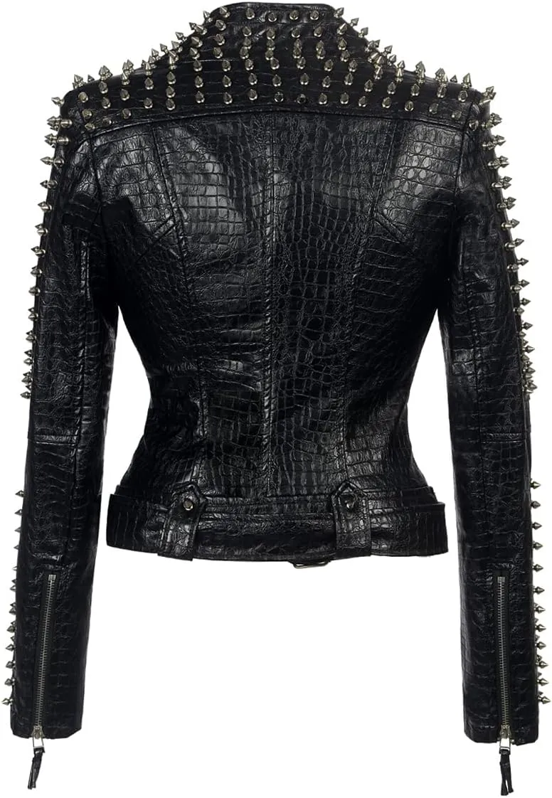 SX Women Punk Faux Leather PU Black Jacket Studded Rivet Fashion Streetwear Motorcycle Coat