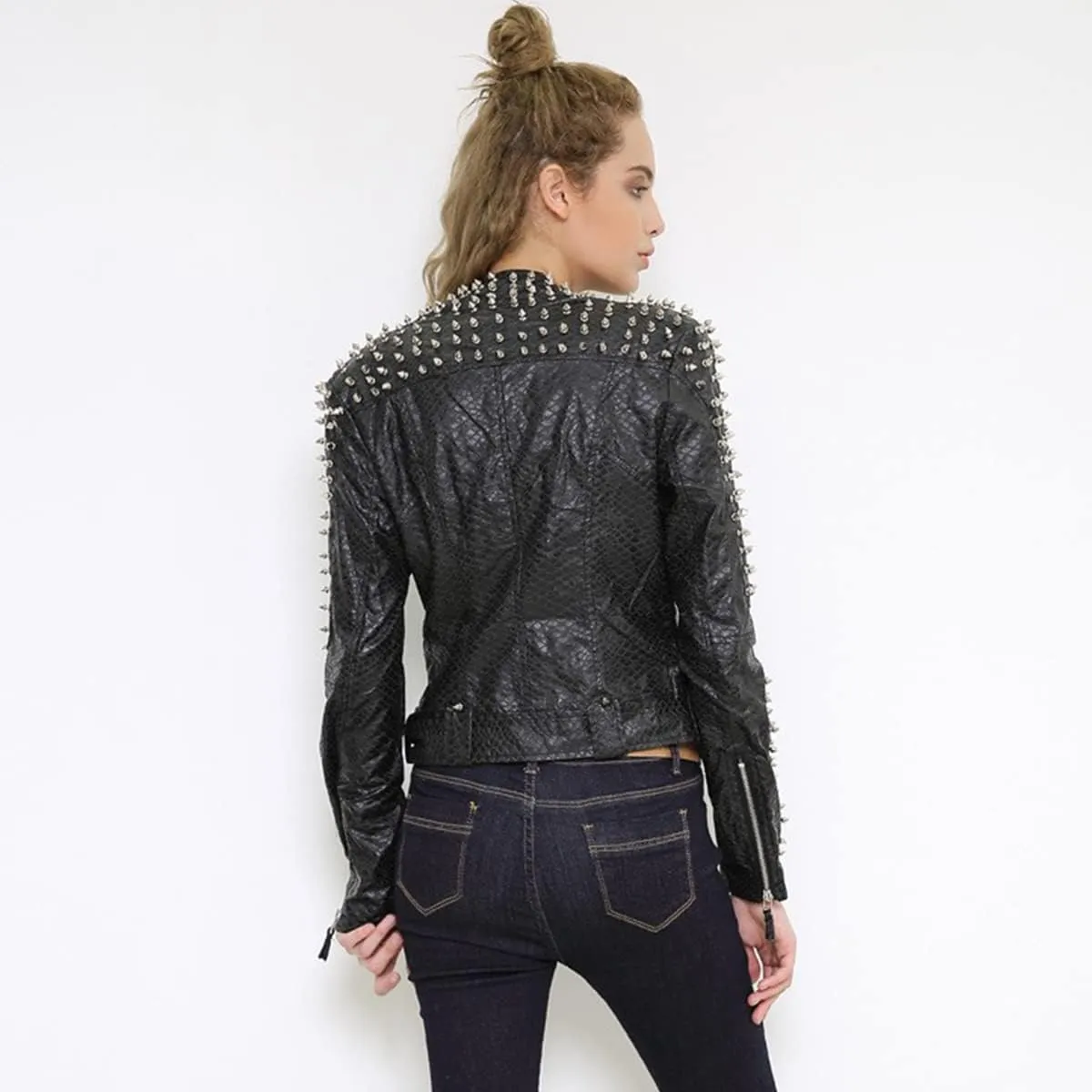 SX Women Punk Faux Leather PU Black Jacket Studded Rivet Fashion Streetwear Motorcycle Coat