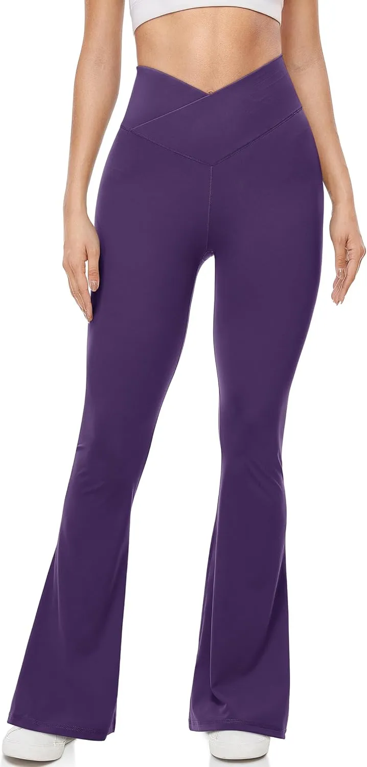 UEU Flare Leggings for Women with Tummy Control, V Crossover High Waisted Yoga Pants, Bootcut Wide Leg, 29-33" Inseam
