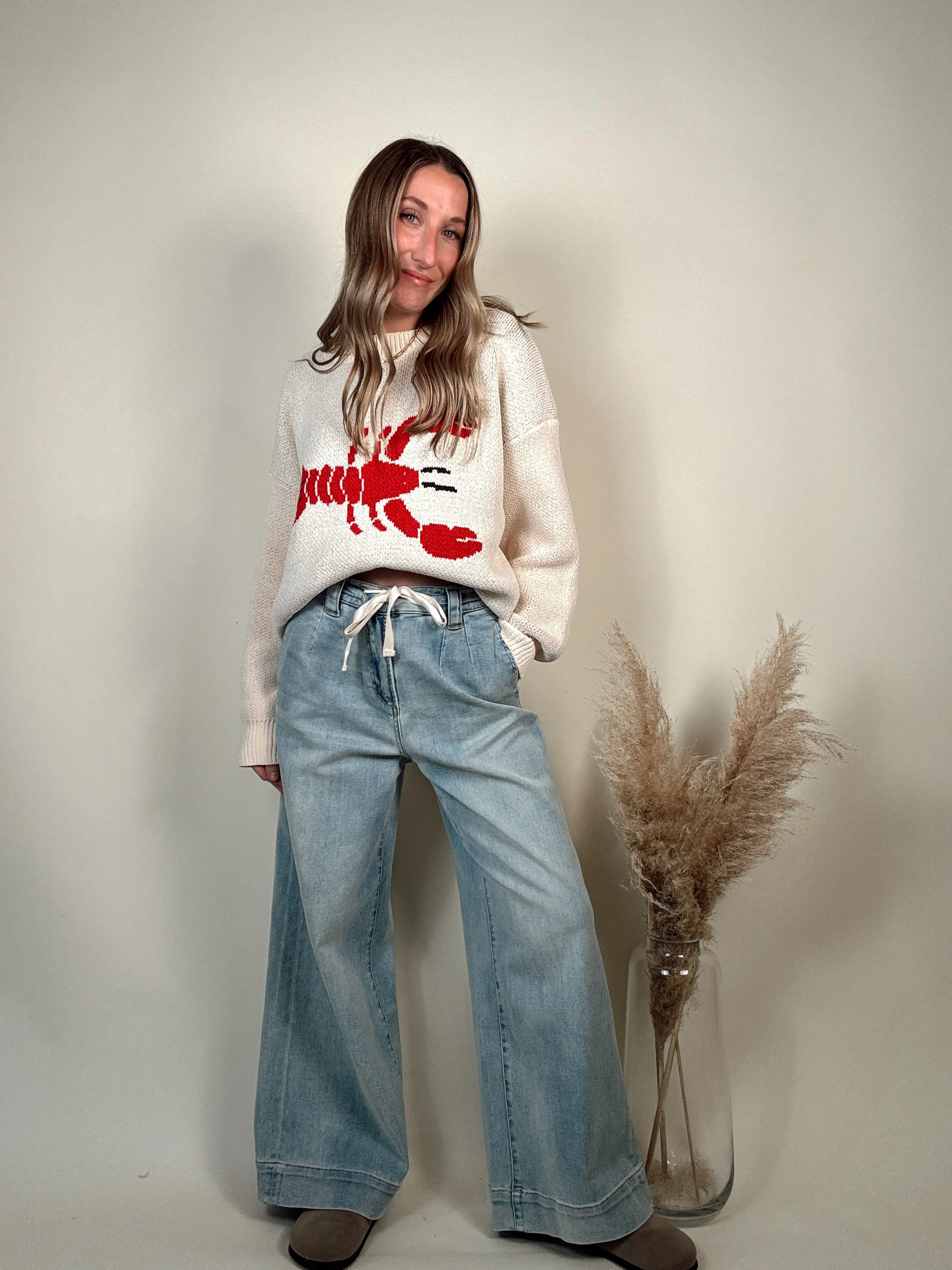 Washed Denim Wide Leg Pants