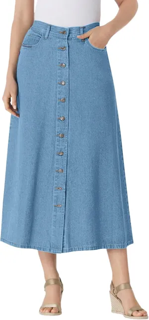 Woman Within Plus Size Perfect Cotton Button Front Denim Skirt