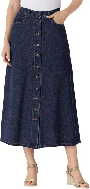 Woman Within Plus Size Perfect Cotton Button Front Denim Skirt