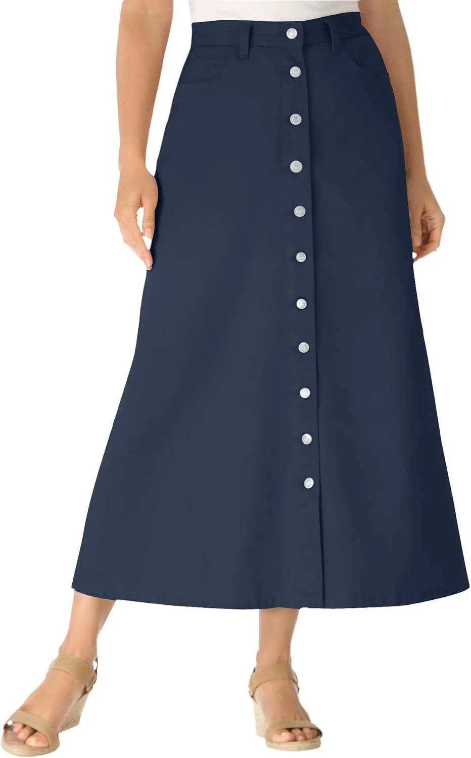 Woman Within Plus Size Perfect Cotton Button Front Denim Skirt
