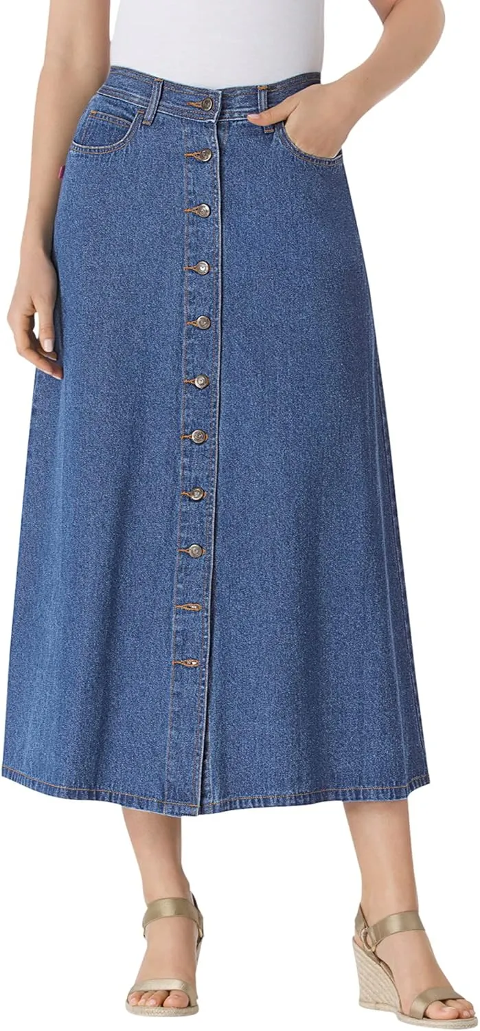 Woman Within Women's Plus Size Perfect Cotton Button Front Denim Skirt