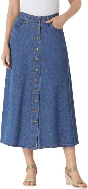 Woman Within Women's Plus Size Perfect Cotton Button Front Denim Skirt