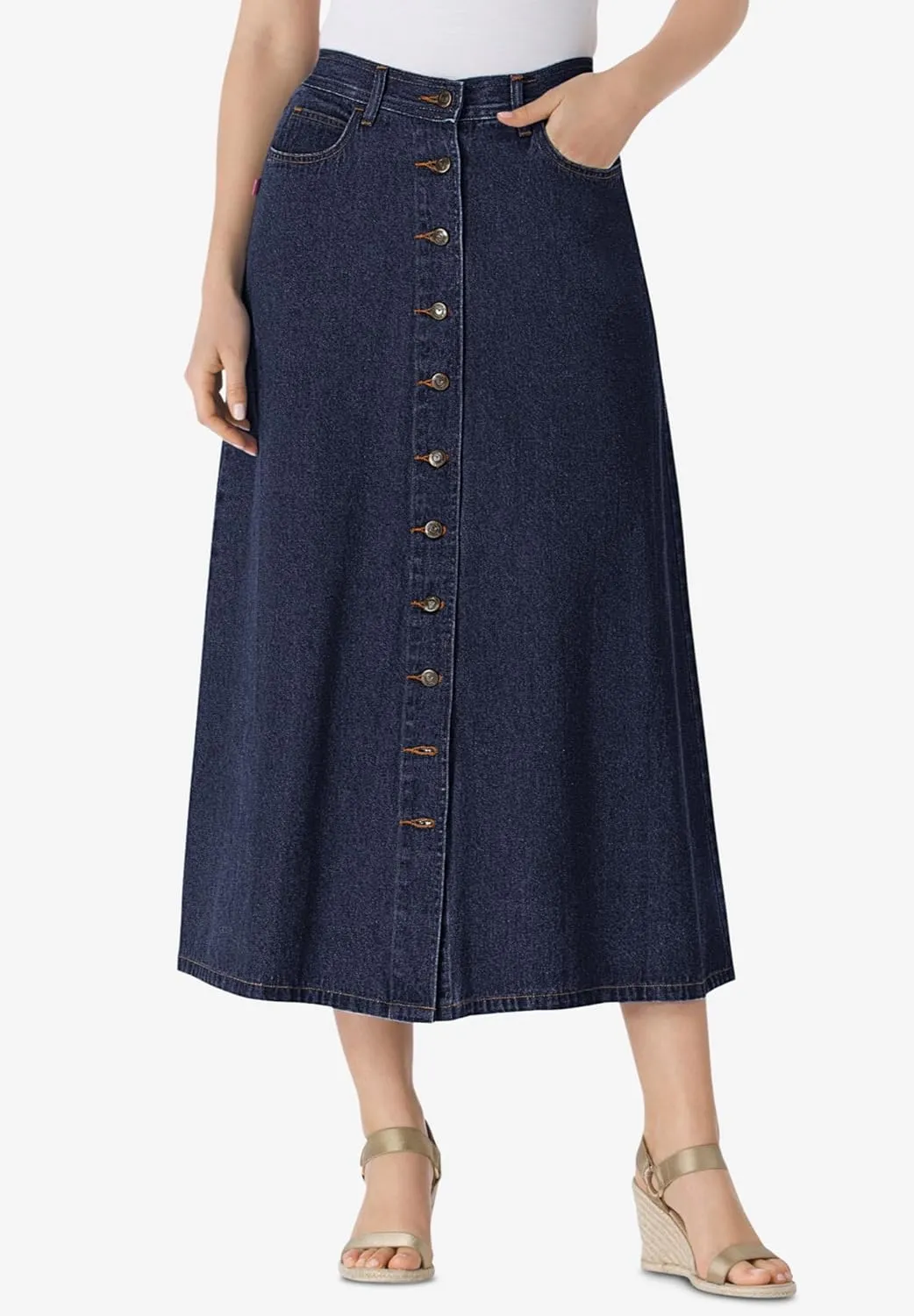 Woman Within Women's Plus Size Perfect Cotton Button Front Denim Skirt