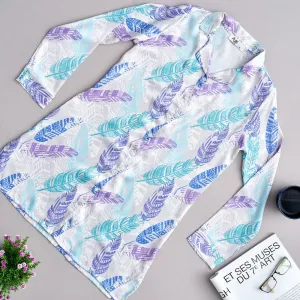 Women Satin summer pajama Leaves pattern buttoned satin night shirt