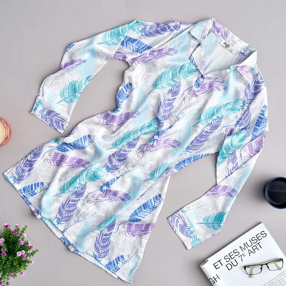Women Satin summer pajama Leaves pattern buttoned satin night shirt