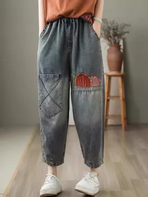 Women Summer Casual Embroidery Denim Harem Pants CV1047