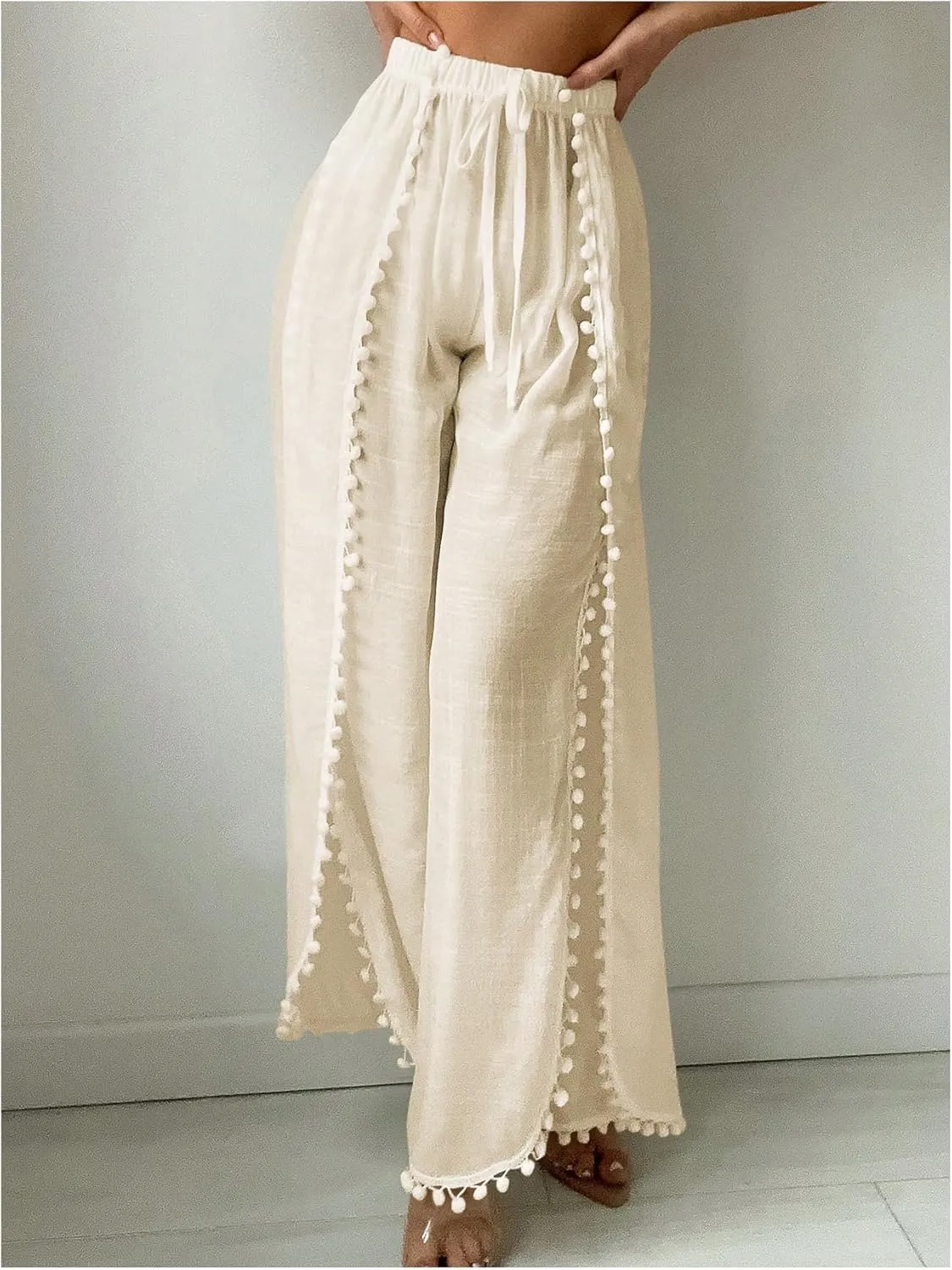 Women's Drawstring Waist Slit Bathing Suit Cover Up Swim Pants Sheer Tie Front Swim Cover Ups Swimwear