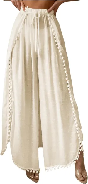 Women's Drawstring Waist Slit Bathing Suit Cover Up Swim Pants Sheer Tie Front Swim Cover Ups Swimwear