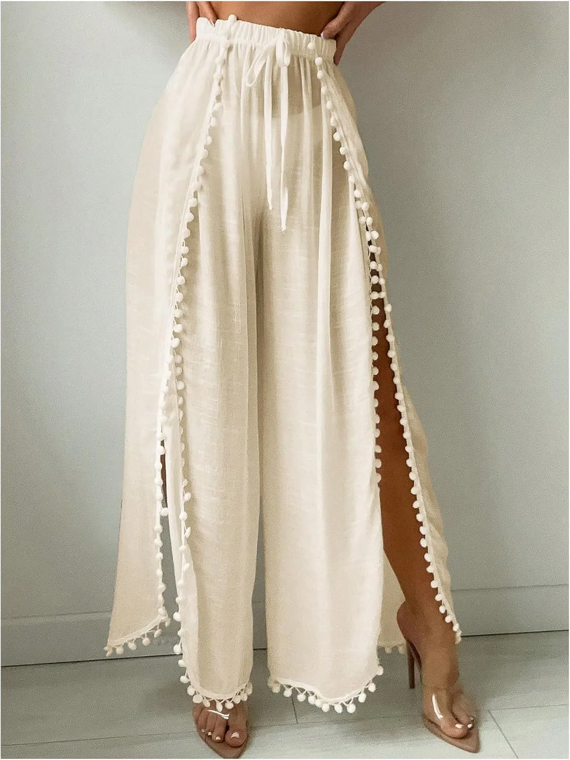 Women's Drawstring Waist Slit Bathing Suit Cover Up Swim Pants Sheer Tie Front Swim Cover Ups Swimwear