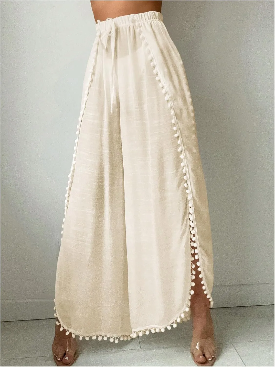 Women's Drawstring Waist Slit Bathing Suit Cover Up Swim Pants Sheer Tie Front Swim Cover Ups Swimwear