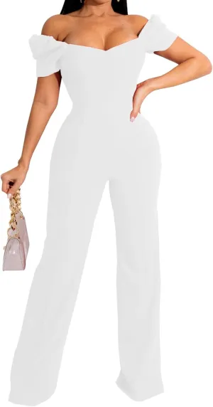 Women's Elegant Sexy Off Shoulder Short Sleeve Wide Leg Pants Long Pant Onesie Clubwear Party Dressy Jumpsuits