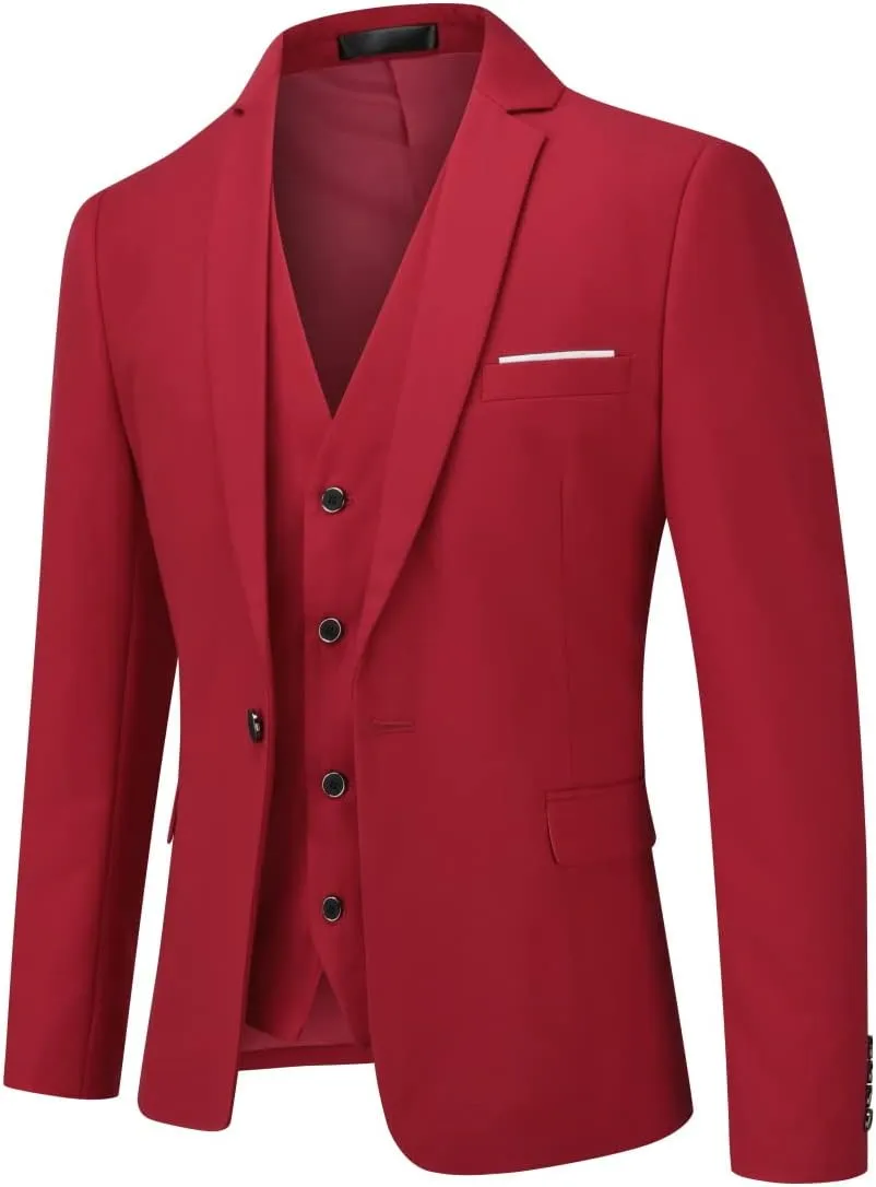YFFUSHI Men's 3 Piece Suit Set Slim Fit One Button Solid Jacket Vest Pants with Suit Bags