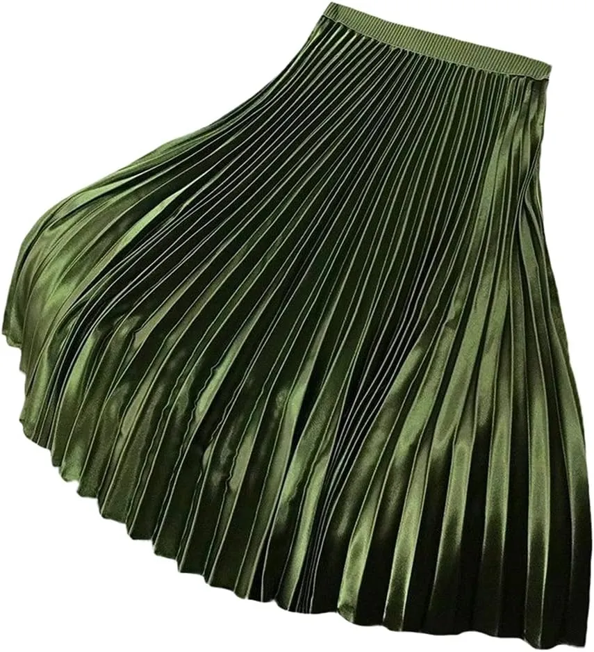YM YOUMU Women Velvet Pleated Midi Skirt High Elastic Waist Fall Winter Swing Ruffled Skirt