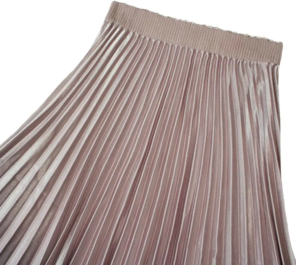 YM YOUMU Women Velvet Pleated Midi Skirt High Elastic Waist Fall Winter Swing Ruffled Skirt