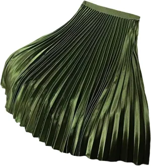 YM YOUMU Women Velvet Pleated Midi Skirt High Elastic Waist Fall Winter Swing Ruffled Skirt