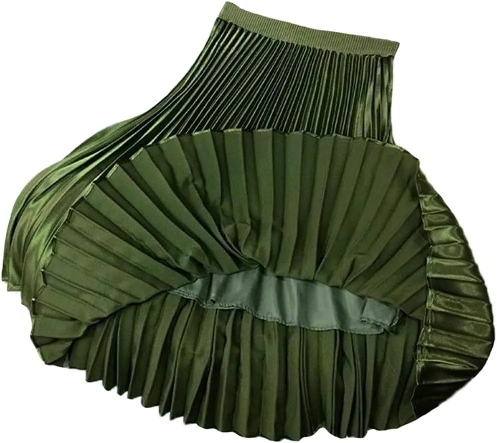 YM YOUMU Women Velvet Pleated Midi Skirt High Elastic Waist Fall Winter Swing Ruffled Skirt