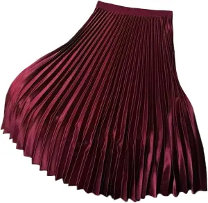 YM YOUMU Women Velvet Pleated Midi Skirt High Elastic Waist Fall Winter Swing Ruffled Skirt