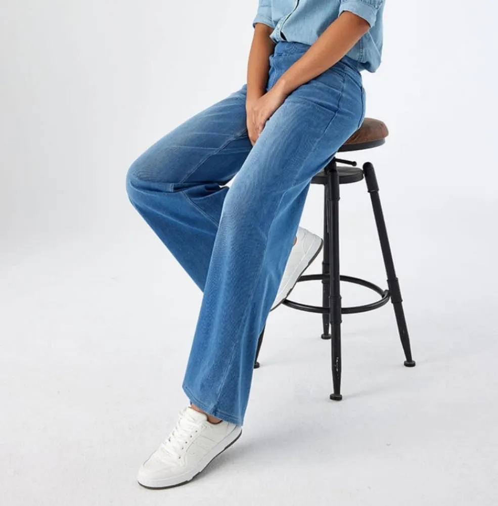 Yollmart Women Wide Leg Jeans Elastic High Waisted Pull On Baggy Denim Pants with Pocket