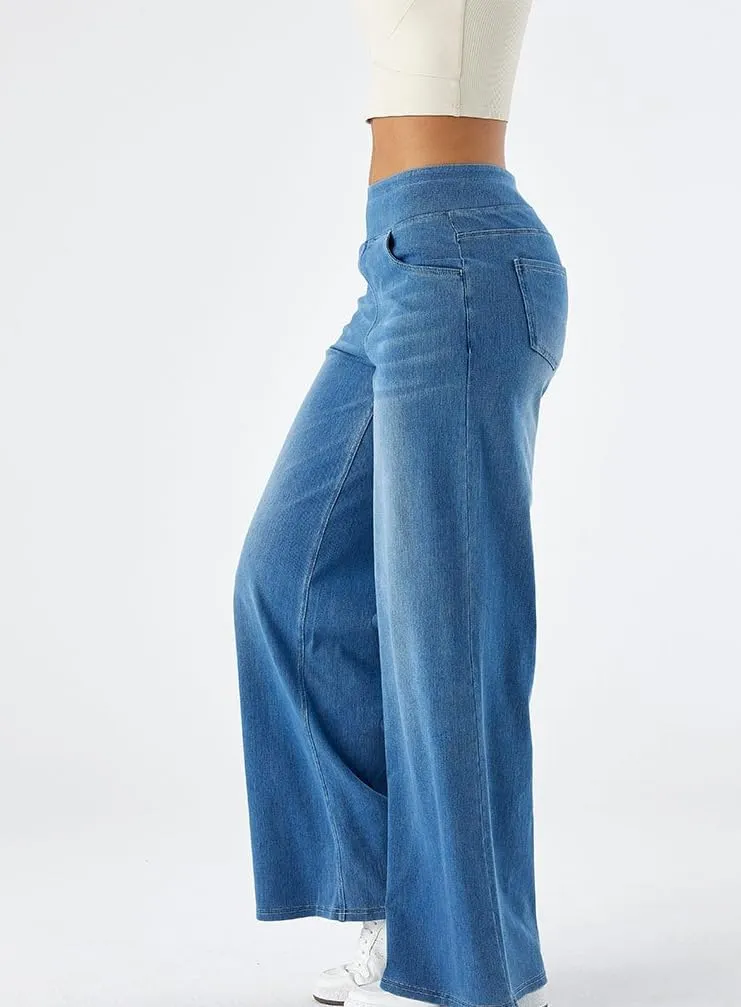 Yollmart Women Wide Leg Jeans Elastic High Waisted Pull On Baggy Denim Pants with Pocket