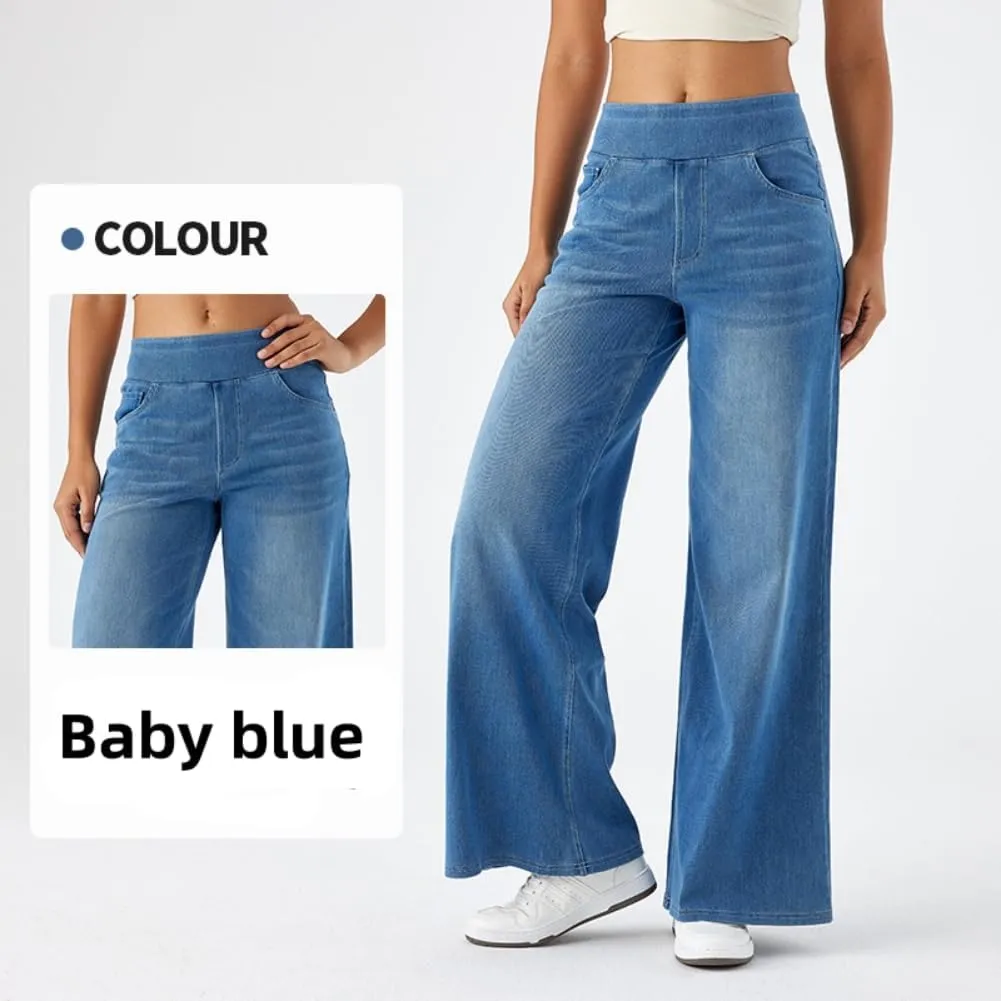 Yollmart Women Wide Leg Jeans Elastic High Waisted Pull On Baggy Denim Pants with Pocket